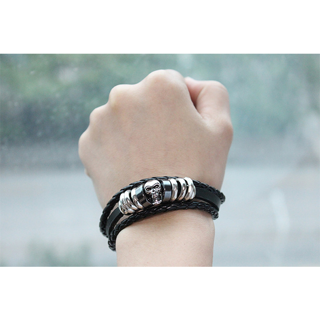 Men's/Unisex Braided Genuine Leather Skull Bracelet 