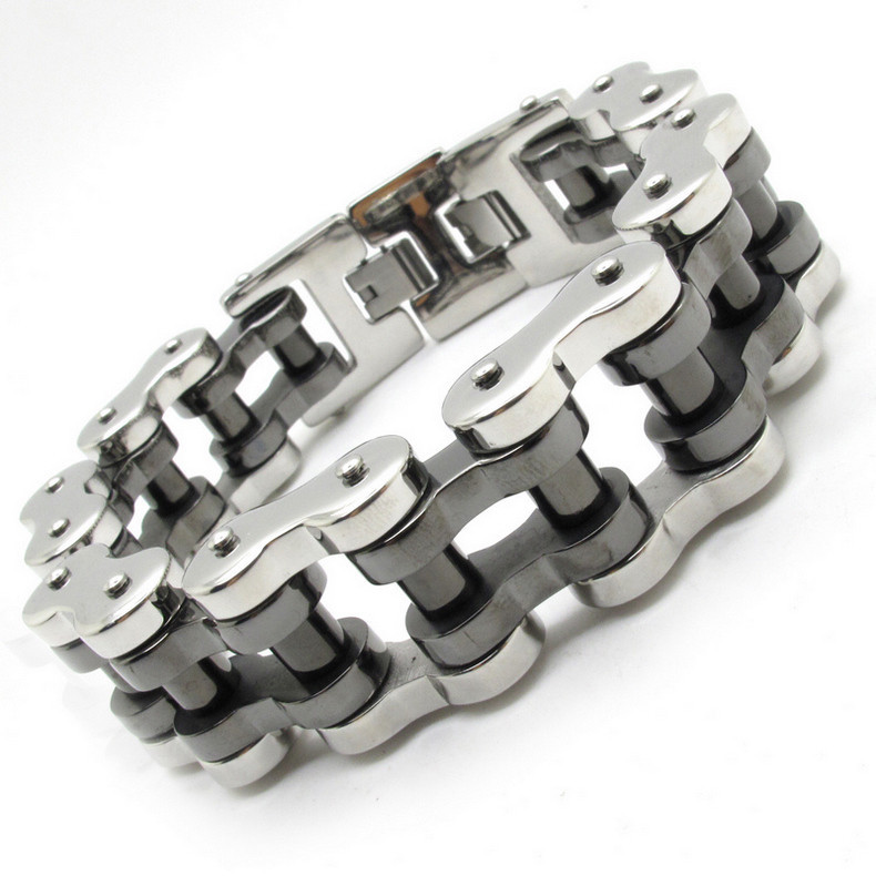 Huge Heavy Duty Men's Silver & Satin Black Motorcycle Chain Bracelet 