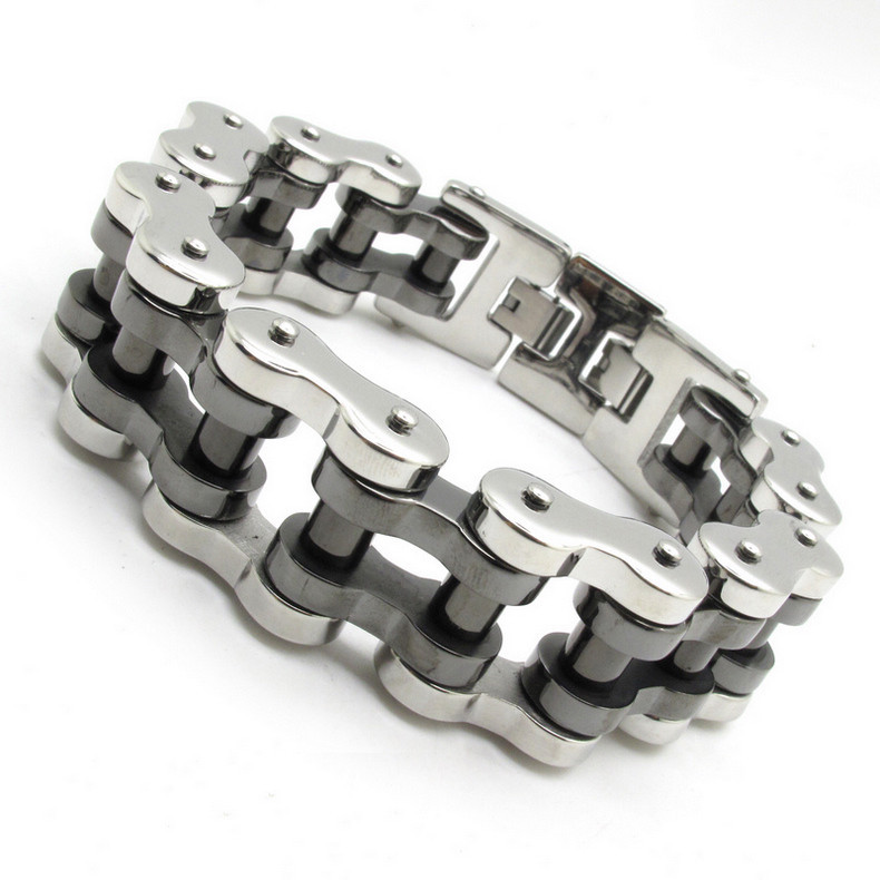 Huge Heavy Duty Men's Silver & Satin Black Motorcycle Chain Bracelet 