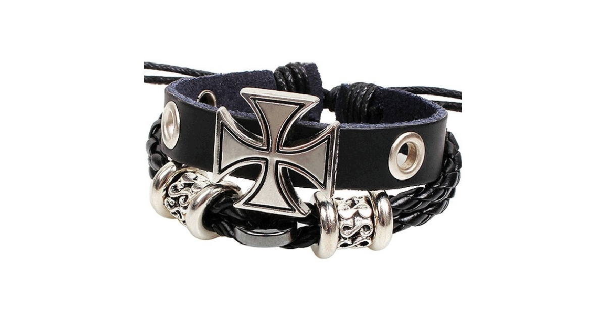Knights' Cross Black Rope Leather Bracelet w/ black & Metal Accents