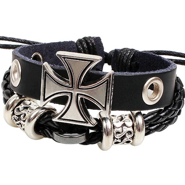 Knights' Cross Black Rope Leather Bracelet w/ black & Metal Accents