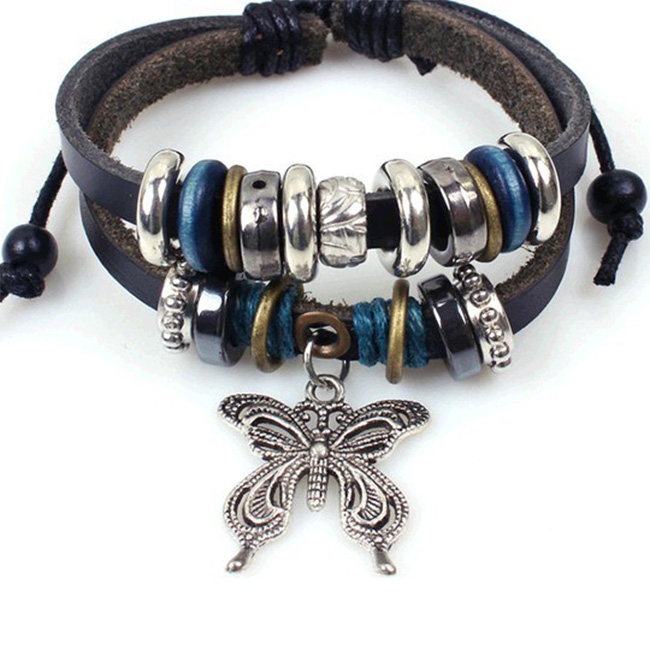 Retro Woven Rope Leather Butterfly Earth Bracelet w/ Turquoise & Metal Accents - 
