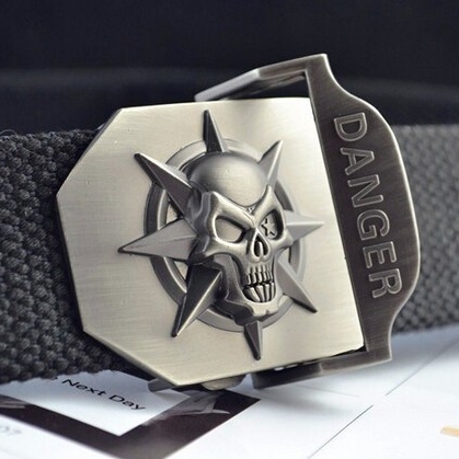 Men's Metal Danger/Skull Buckle with Woven Canvas Belt 