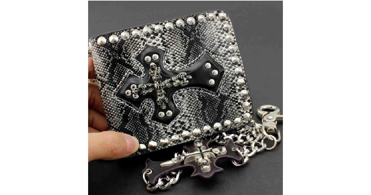 Leather Skull Cross Chain Biker Wallet with Metal Chain