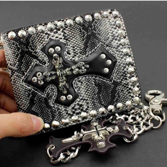 Leather Skull Cross Chain Biker Wallet with Metal Chain