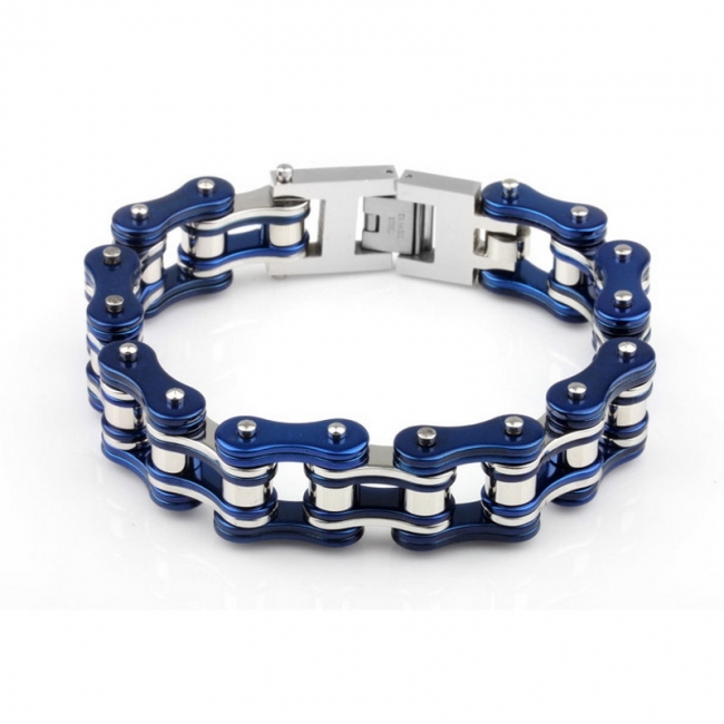 Trendy Blue/Silver Stainless Steel Bike Chain Bracelet 