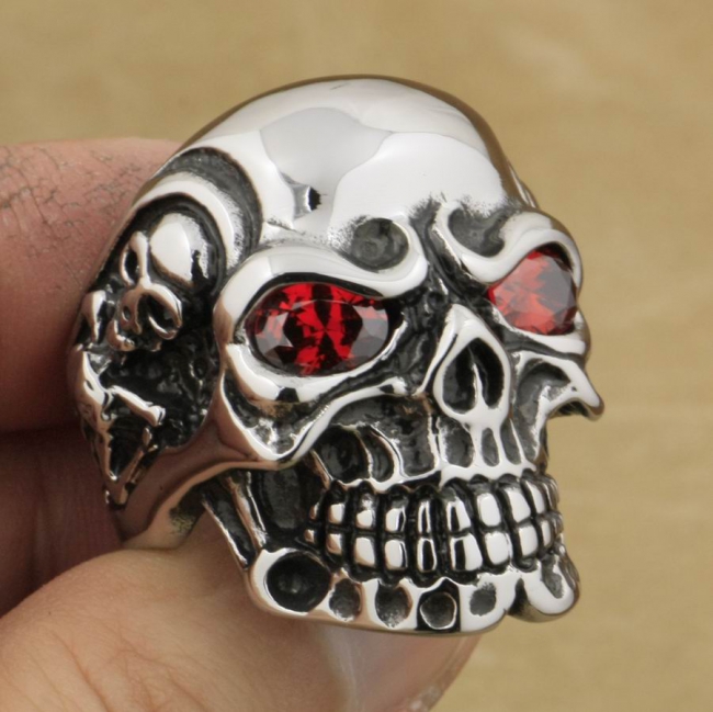 Huge Heavy Duty Stainless Steel Red CZ Eyes Titan Skull Ring