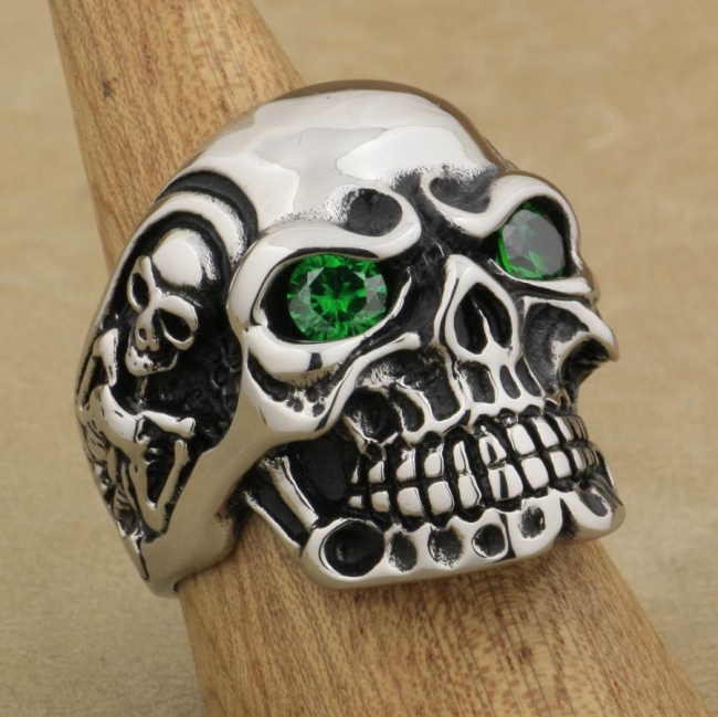 Huge Heavy Duty Stainless Steel Green CZ Eyes Titan Skull Ring