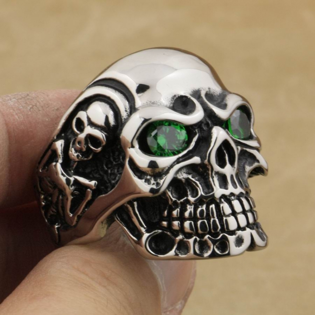 Huge Heavy Duty Stainless Steel Green CZ Eyes Titan Skull Ring