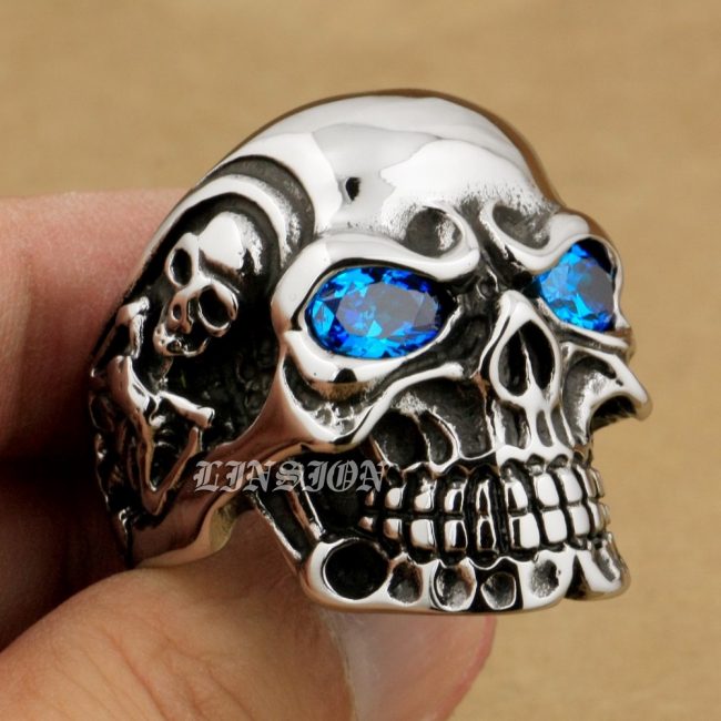 Huge Heavy Duty Stainless Steel Blue CZ Eyes Titan Skull Ring