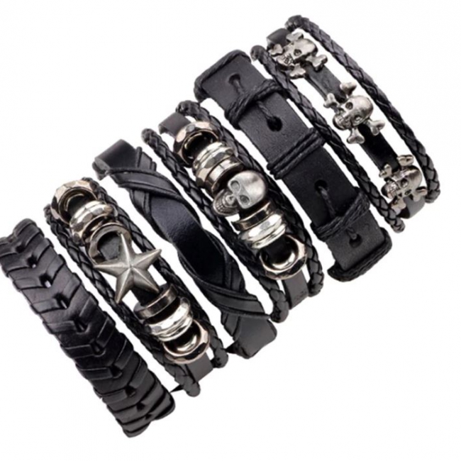6 Piece Leather & Skulls Multi-Layer Bracelet 
