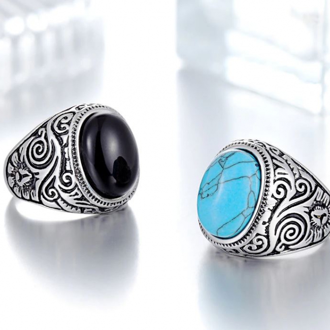 Stainless Steel Turquoise/Black Onyx Tibet Style Biker Rings