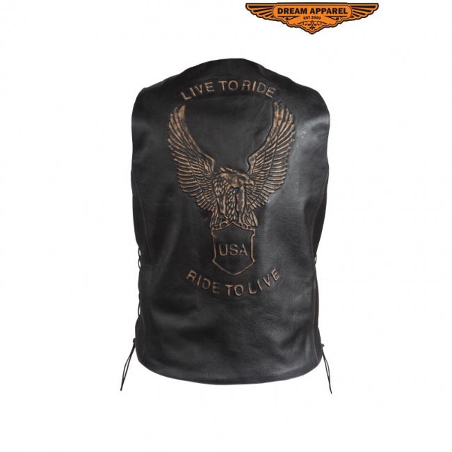 Men's Retro Black Leather Vest With USA Eagle Embossed