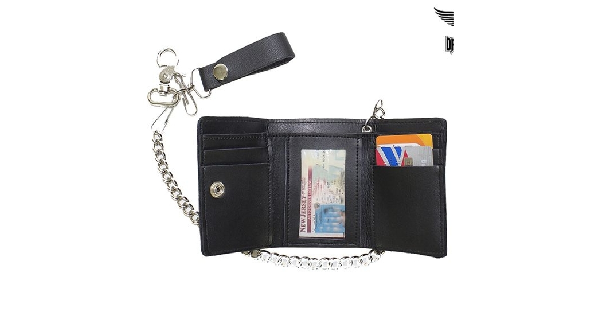 Classic Plain Black Biker Tri-Fold Chain Wallet