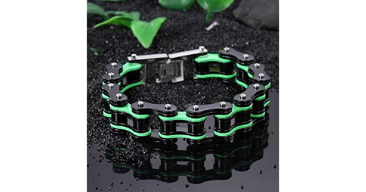 Men's Stainless Steel Black & Green Heavy Duty Motorcycle Bike Chain Bracelet  
