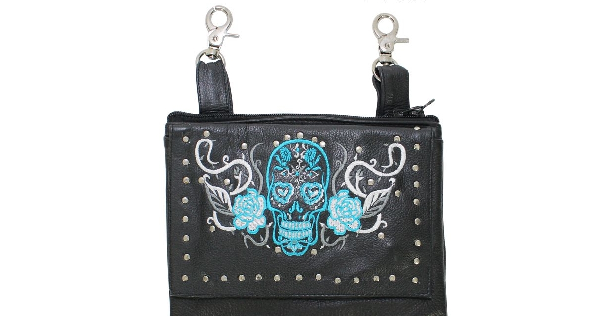 Studded Turquoise & White Sugar Skull Naked Cowhide Leather Belt Bag w/ Concealed Carry Gun Pocket