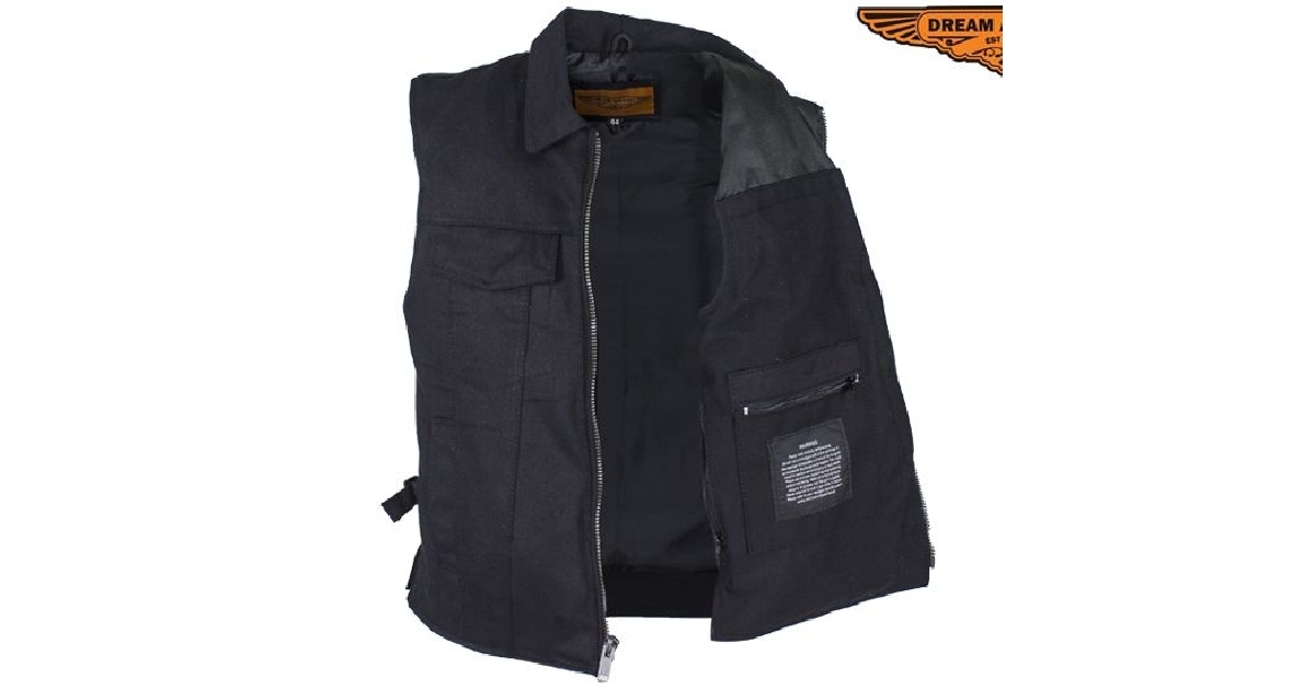 Men’s Black Denim Motorcycle Club Vest with Folded Collar & Hidden Snaps