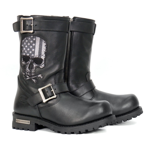 Mens Hot Leathers Tall Harness Flag Skull Boot with Round Toe