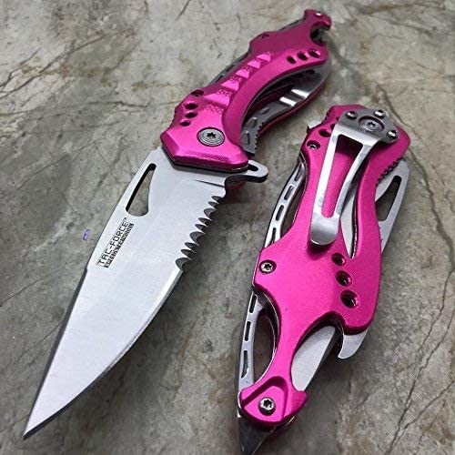 Ladies Spring Assist Belt Clip Pink Knife w/ Rescue Glass Breaker 