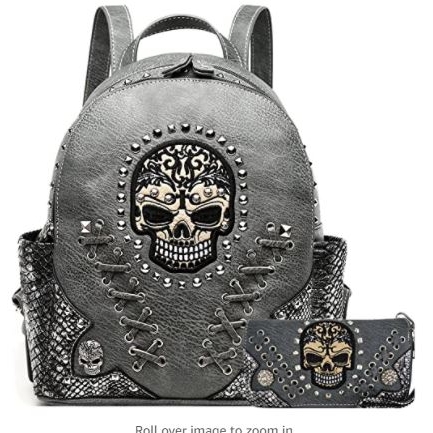 Sugar Skull Studded Ladies Biker Backpack with Matching Clutch Wallet 