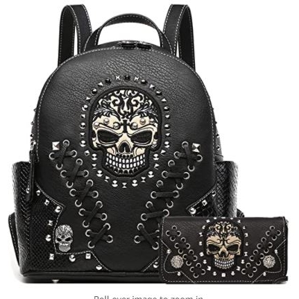 Sugar Skull Studded Ladies Biker Backpack with Matching Clutch Wallet 