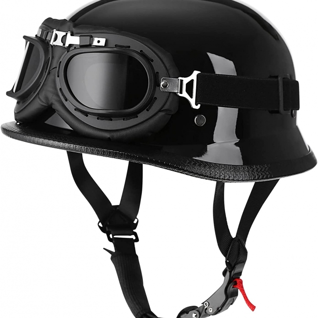 Retro German Style Half Shell Helmet with Bonus Goggles - DOT Approved