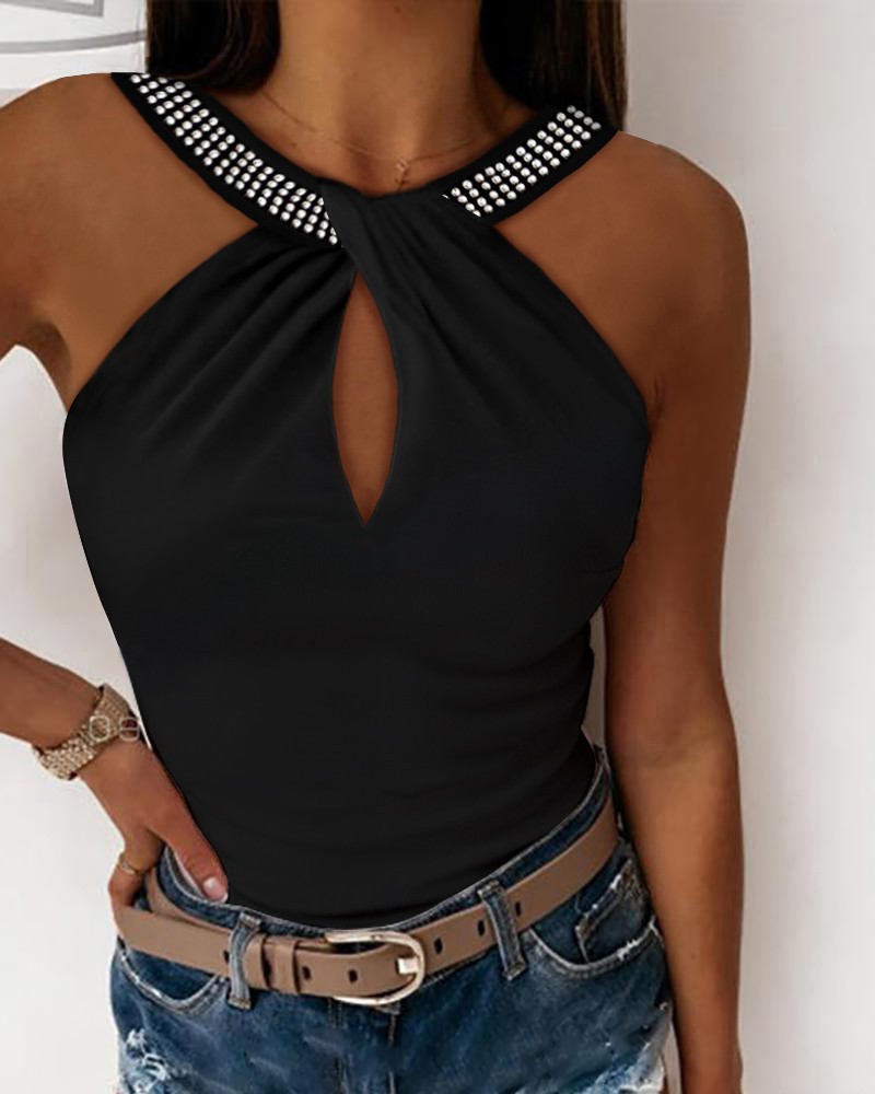 Rhinestone Keyhole Neck Tank Top