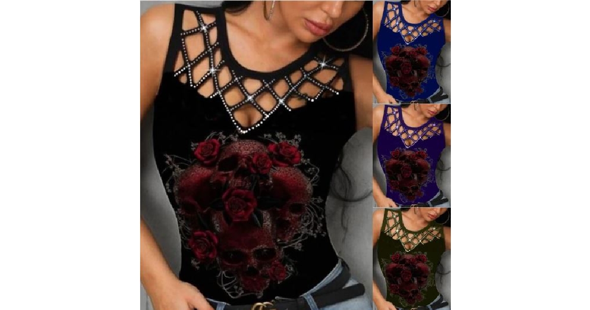 Ladies Rosy Skull Sequence Top