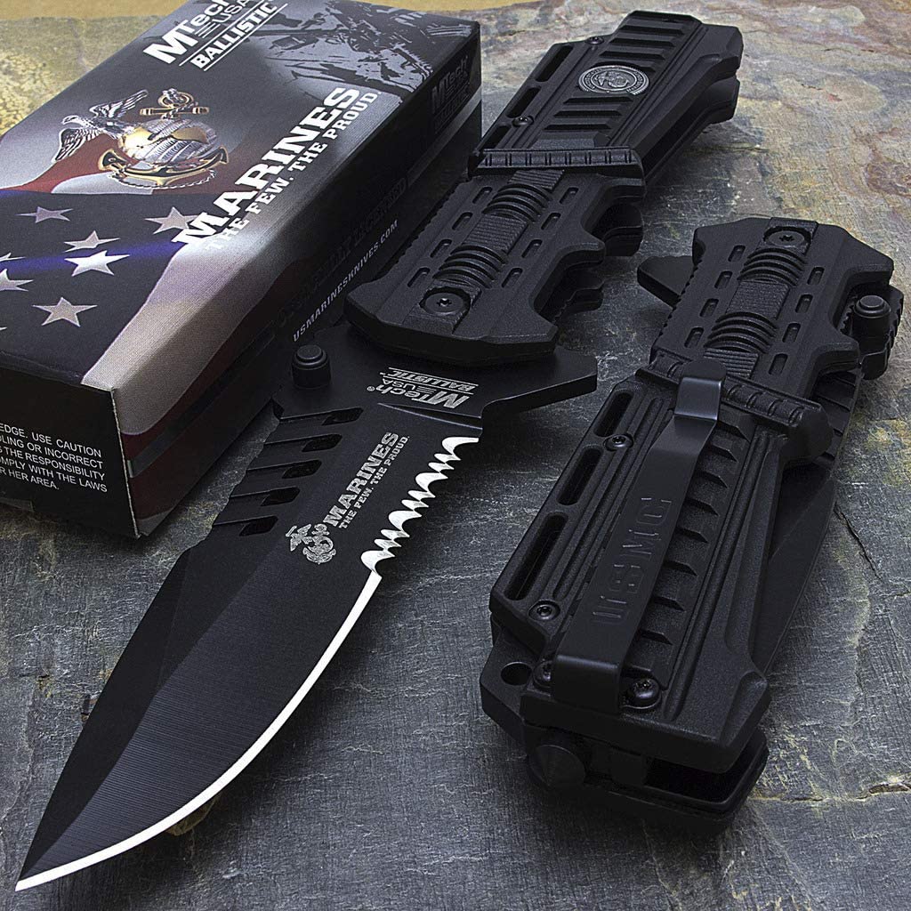 USMC Marines Black Spring Assisted Tactical Rescue Folding Knife