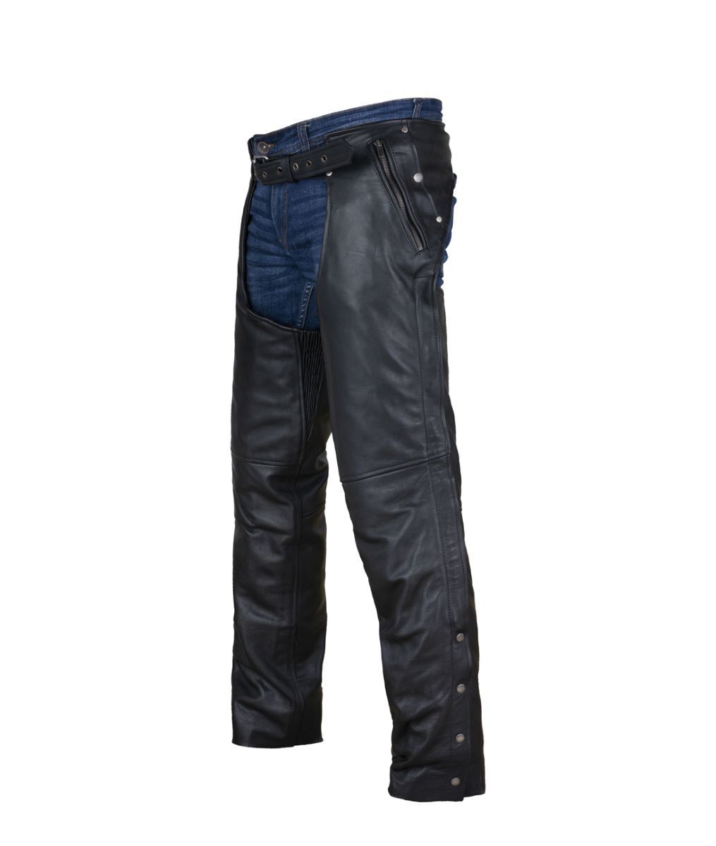 Black Multi-Pocket Naked Cowhide Leather Chaps With Zipout liner