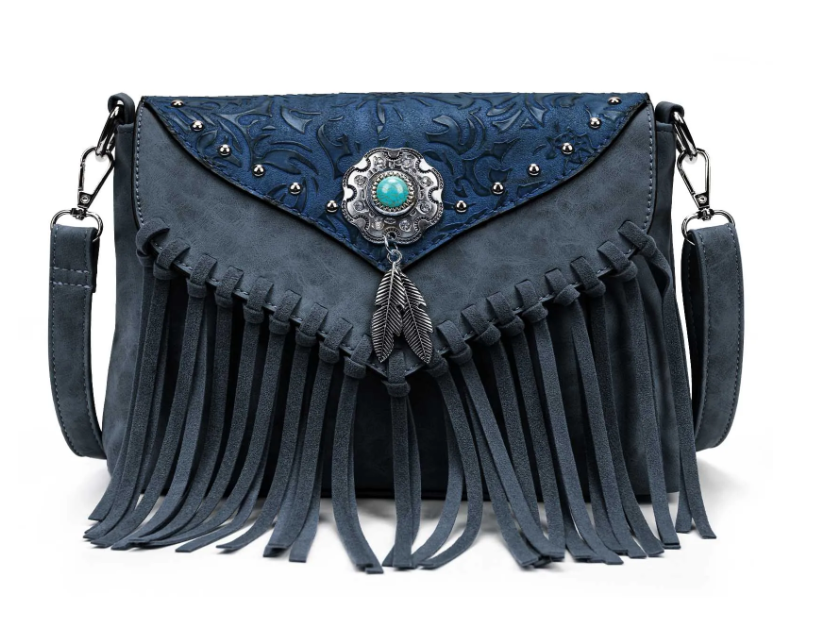 Western Fringe Shoulder Bag Purse with Turquoise Concho