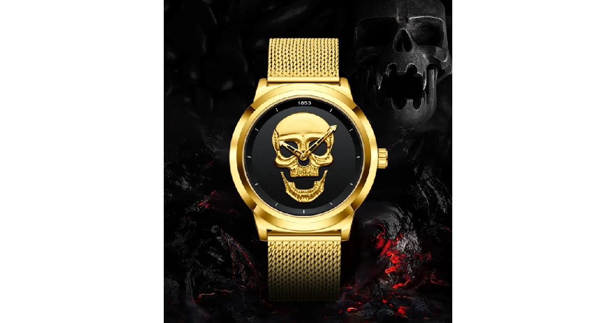 Men's Gold Black Skull Stainless Steel Wristwatch