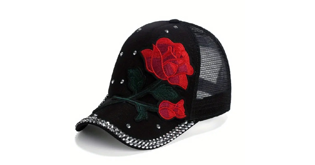 Ladies Red Rose Bling Baseball Cap