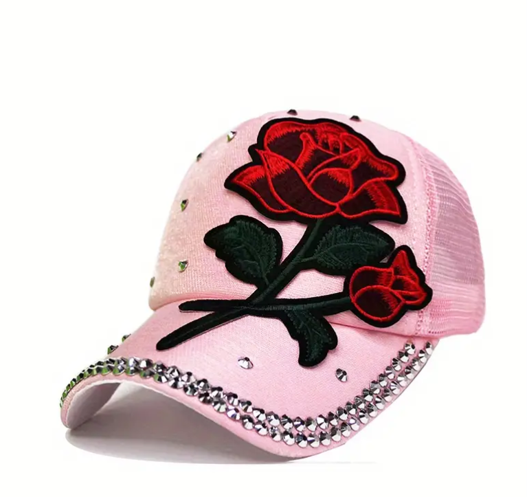 Ladies Red Rose Bling Baseball Cap