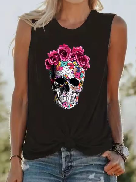 Women's Summer Skeleton Rose Print Tank Top 