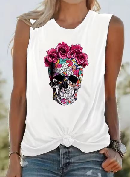 Women's Summer Skeleton Rose Print Tank Top 