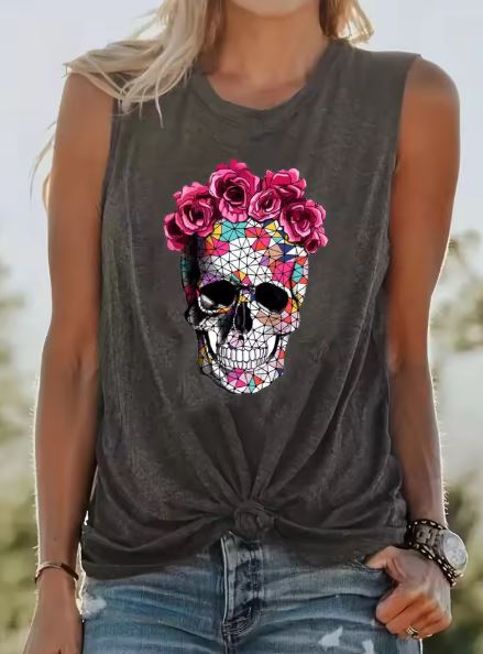 Women's Summer Skeleton Rose Print Tank Top 