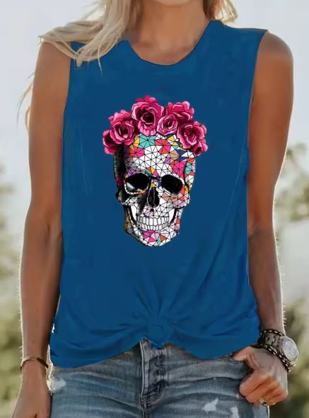 Women's Summer Skeleton Rose Print Tank Top 