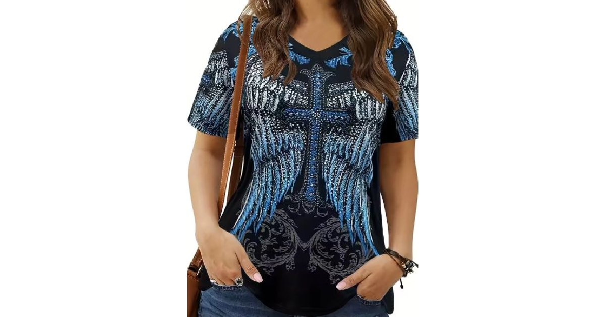 Women's Biker Graphic Celtic Cross Wings Summer T-Shirt 