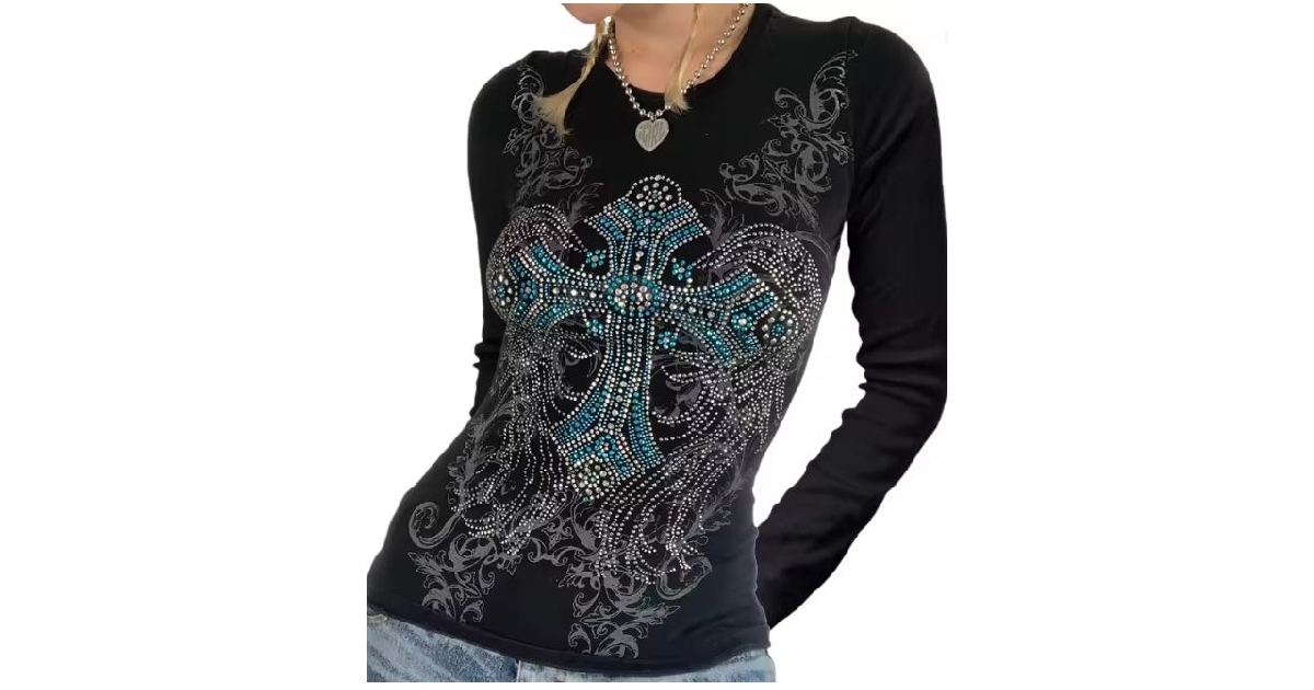 Women's Round Neck Long Sleeve Cross Rhinestone Top 