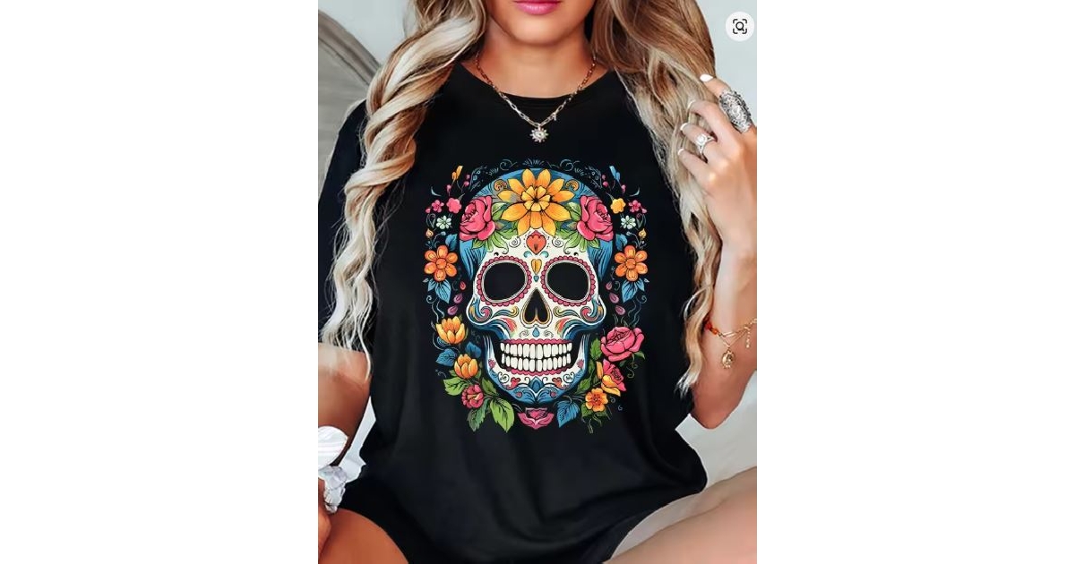 Women's Sugar Skull & Flowers Skull Summer Print T-Shirt 