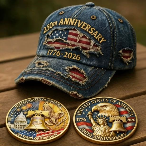 250th Anniversary Embroidered Distressed Denim Baseball Cap & Replica Engraved Coin
