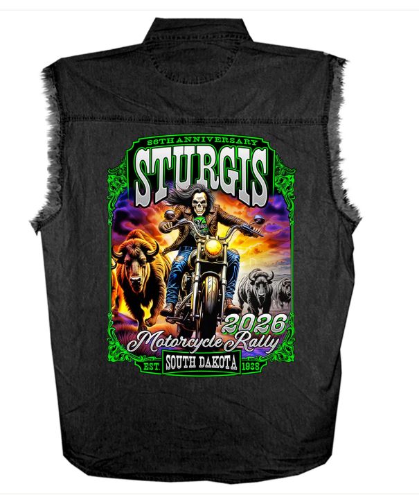 2026 Sturgis Motorcycle Rally Skull Chaser Numone Mens Black Denim Sleeve Shirt