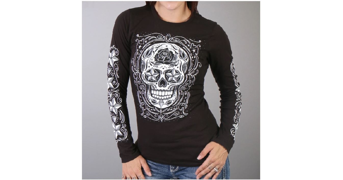 Hot Leathers Sugar Skull Black Long Sleeve Ladies T-Shirt