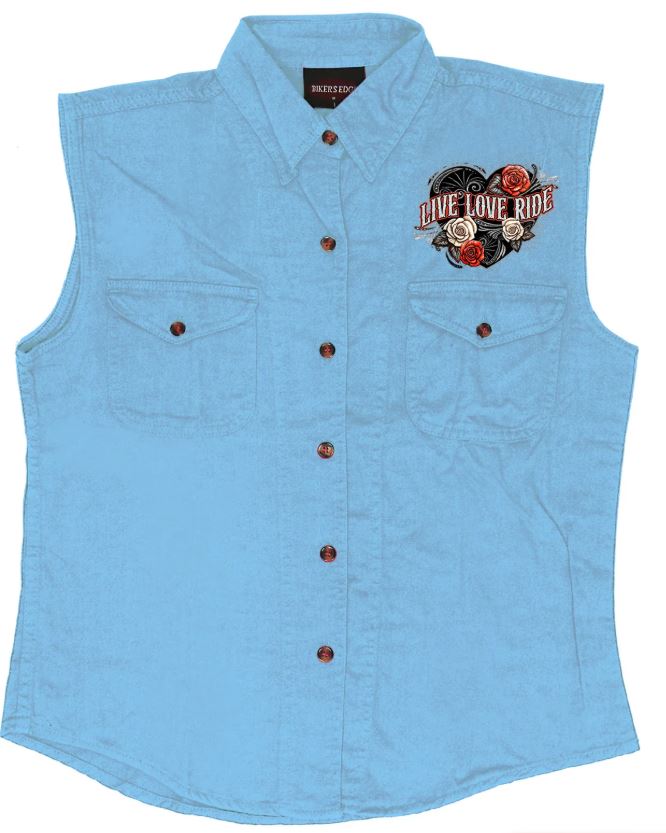 Hot Leathers Live Love Ride Wings Ladies Denim Shirts 