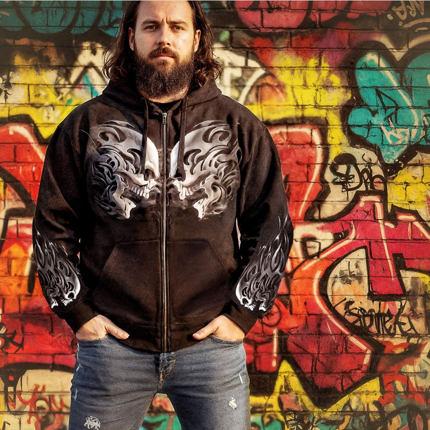 Hot Leathers  Men’s ‘Head Butt Skulls’ Black Hoodie with Zipper Closure