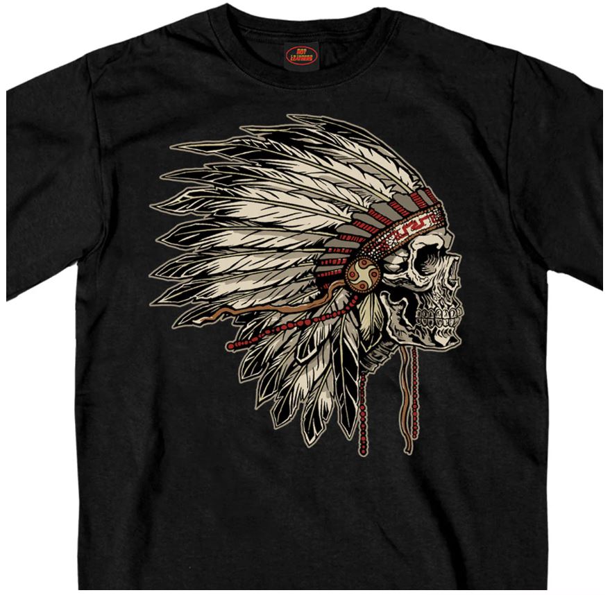 Hot Leathers Men’s ‘Indian Skull Head Dress’ Black T-Shirt
